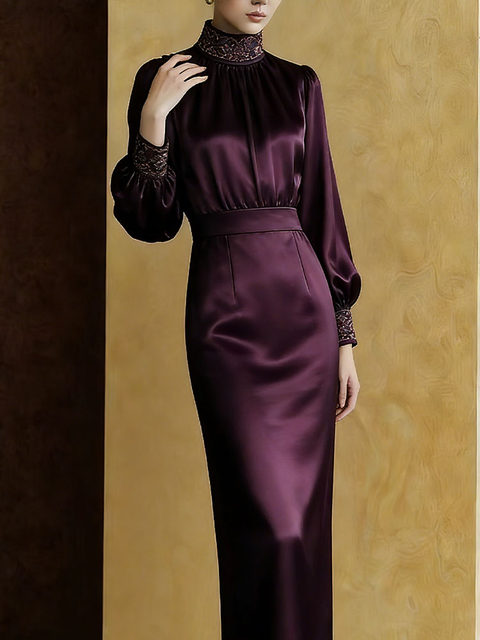 Mijie French light luxury satin dress women's autumn and winter long-sleeved stand-up collar high-end slim slim mid-length skirt elegant