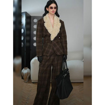 Mijie's New Old Money Style Plaid Wool Collar Blazer Set for Women, Autumn and Winter, Waist-Cinching Deconstructed Woolen Coat with Wide-Leg Pants