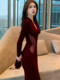 Mijie 2025 Winter New Chinese Style Burgundy Embroidered Dress Women's Long Sleeve High-End Waist-Cinching Bodycon Long Dress