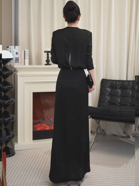 Mijie 2025 New French-Style Black Elegant and Slimming Dress for Women, Suitable for Daily Wear and Commuting, with a Waist-Cinching and Slim-Fit Long Dress