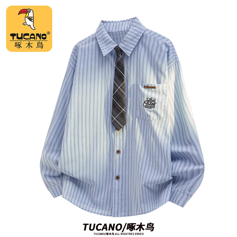 Woodpecker Korean-Style Striped Tie-Decorated Shirt 2026 Autumn Men's Designer Pure Cotton Fashion Couple's Jacket Woodpecker Korean-Style Striped Tie-Decorated Shirt 2026 Autumn Men's Designer Pure Cotton Fashion Couple's Jacket