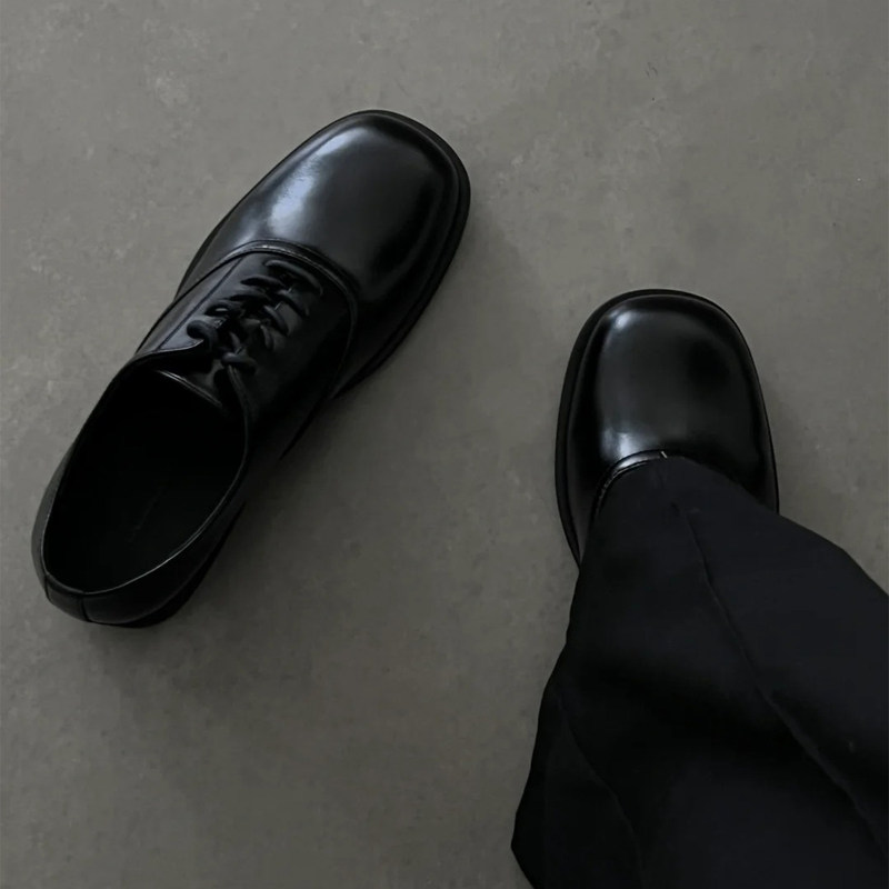 High-End Square-Toe Derby Shoes for Men, British Style Thick-Soled Height-Increasing Loafers, Business Commuting Cleanfit Casual Leather Shoes
