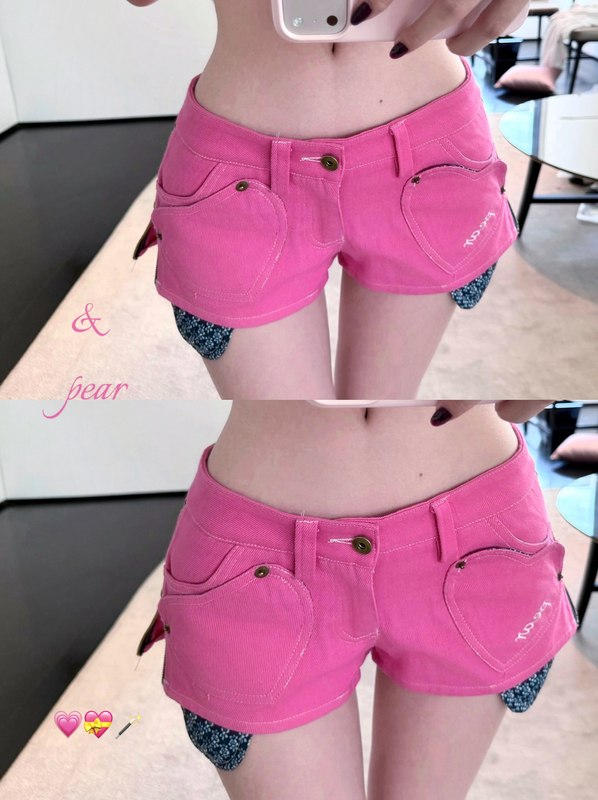 Pear Juice Sauce Pear-Flavored Powder Denim Low-Waist Irregular Ripped Zipper Retro Casual Shorts