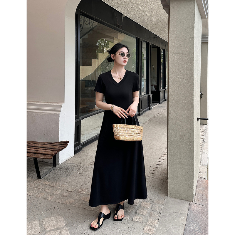 Prase Lu Lulu【Minimalist Dress】Summer Elegant Slim-Fit Design Short-Sleeve V-Neck Waist-Cinching Long Dress