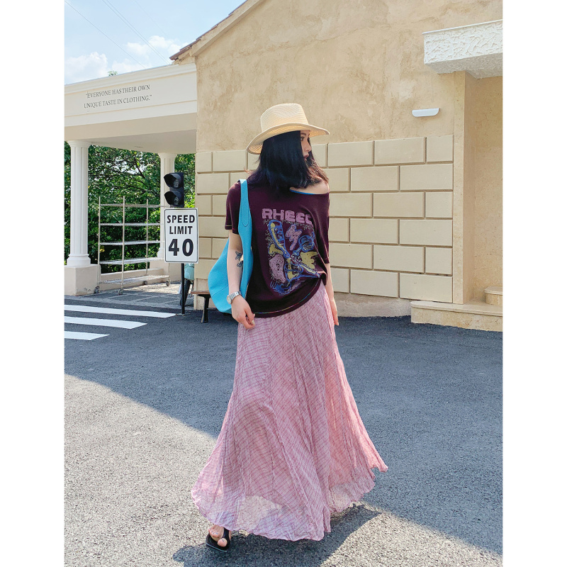 Prase Lu Lulu【Peach Mist】Summer Plaid A-Line Umbrella Skirt for Slightly Chubby Figures, Slimming, Fashionable and Elegant, Crinkled Half Skirt for Women Prase Lu Lulu【Peach Mist】Summer Plaid A-Line Umbrella Skirt for Slightly Chubby Figures, Slimming, Fashionable and Elegant, Crinkled Half Skirt for Women