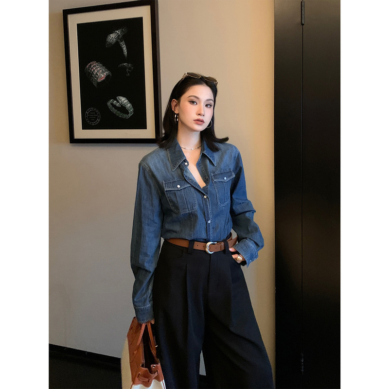 Prase Lu Lulu【Denim Girl】Denim Shirt for Women Autumn Vintage Short Loose Slimming Shirt