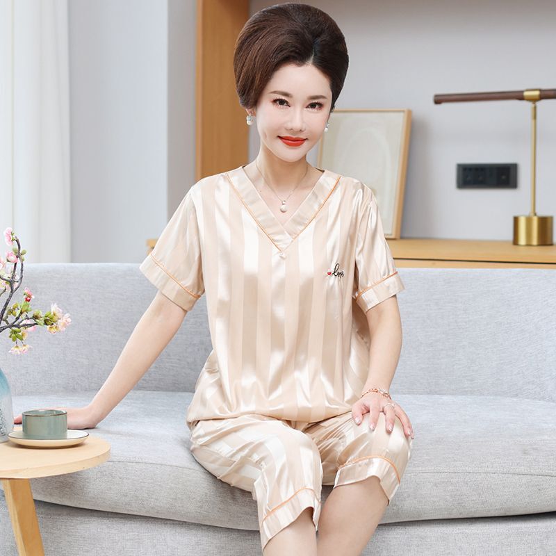 Ice Silk Pajamas for Women, Summer Short-Sleeved Cropped Pants, Casual Thin Style, Summer Striped Silk Simple Home Wear Two-Piece Set Ice Silk Pajamas for Women, Summer Short-Sleeved Cropped Pants, Casual Thin Style, Summer Striped Silk Simple Home Wear Two-Piece Set