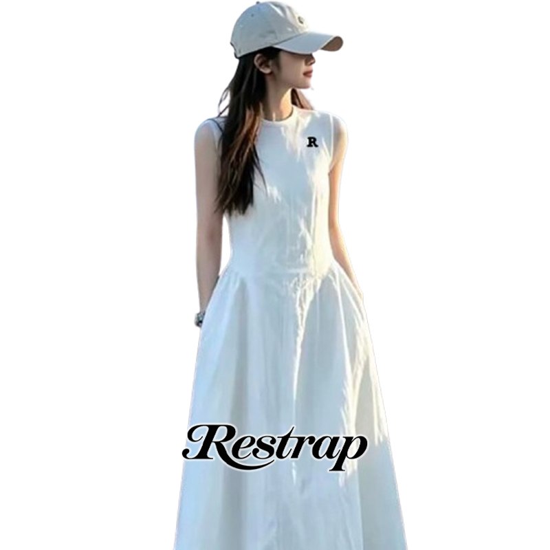 [Official Genuine Product] Korean Restrap Summer Gentle White Sleeveless Slimming A-Line Long Dress