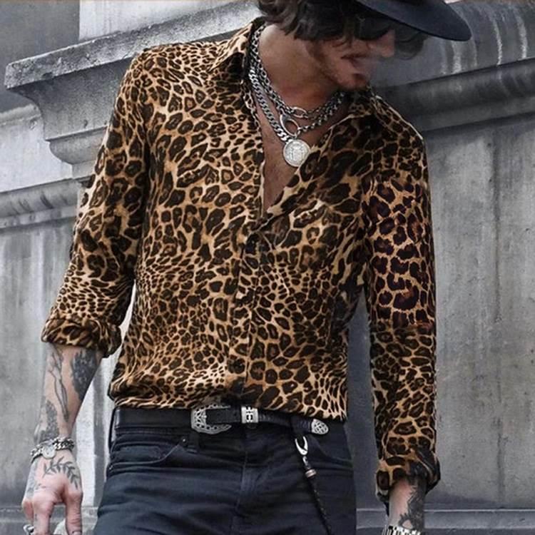Herren hemd Langarm Freizeit hemd mit Leoparden muster Men's Long Sleeve Casual Shirts