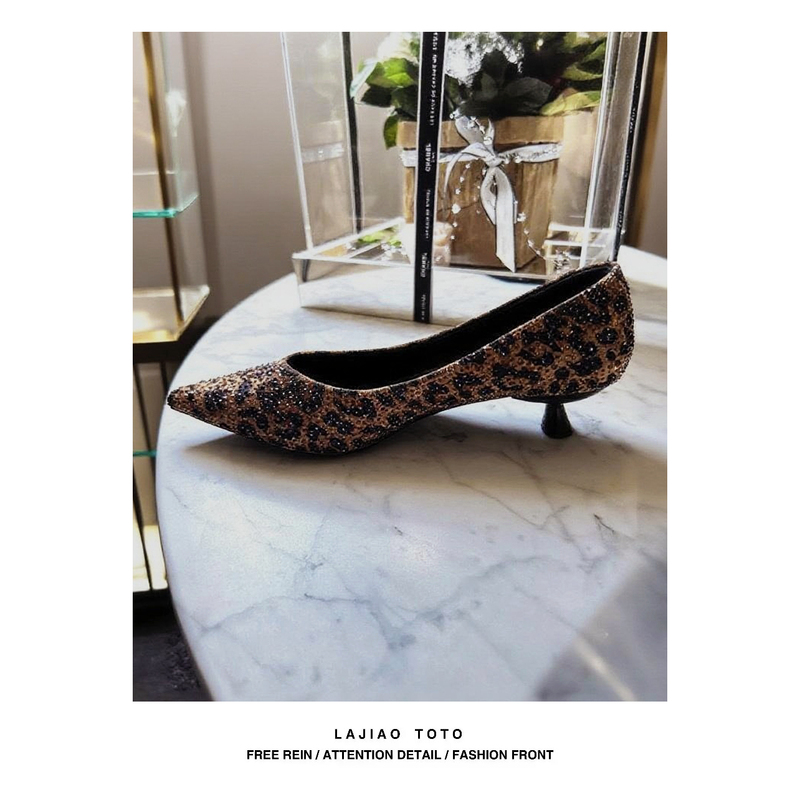Lajiao Toto [Full Star Leopard Print] Sheep Velvet Leopard Print French Crystal Women's High Heels # A8650-22