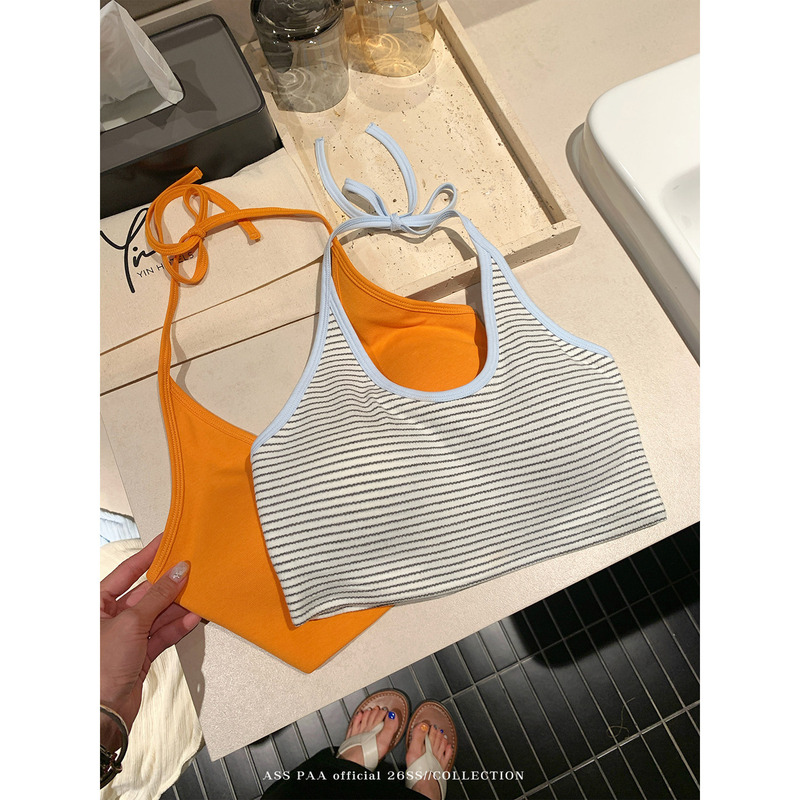 Asspaa Halter Neck Camisole with Chest Pads, Orange, Women's 2026 Summer Slim Fit, Can Be Worn as an Inner or Outer Layer