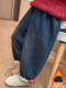[One-Piece Fleece]Girls' Fleece-Lined Jeans 2025 Autumn and Winter New Style Super Cute Children's Thin Fleece Lantern Pants