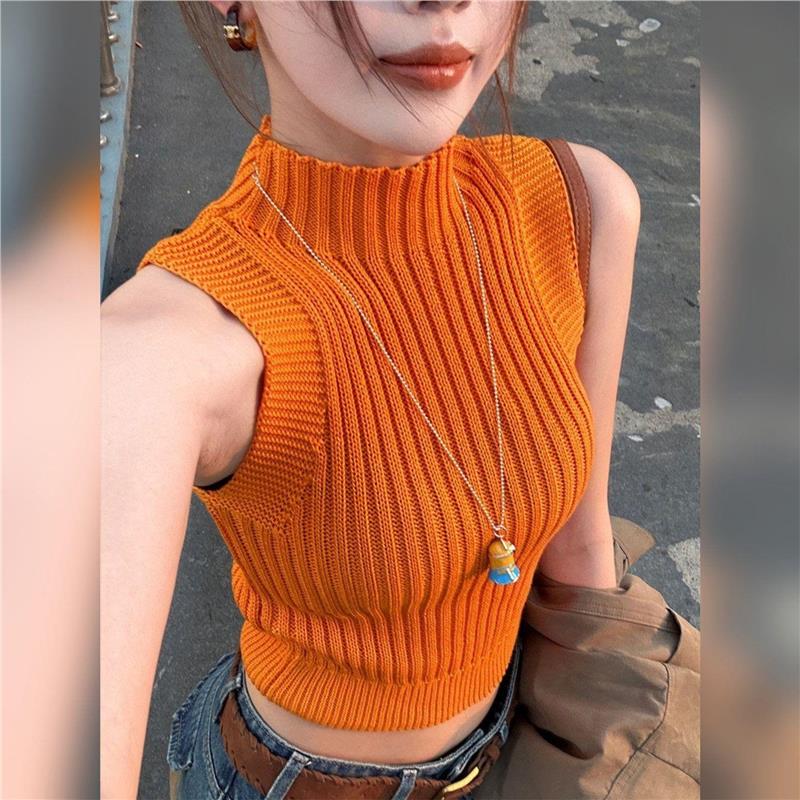 Summer Bright Color Series: Orange High-Neck Knitted Vest, a Slimming Magic Piece with Exquisite and Cool Slim-Fit Design