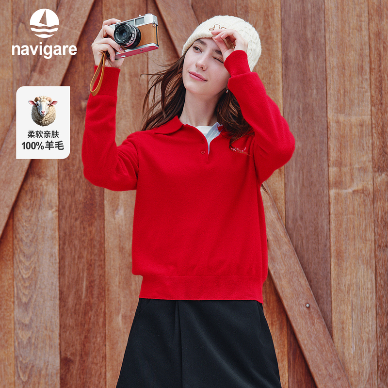 Navigare Italian Small Sailboat Pure Wool Knitwear Women's Autum New Polo Lapel Red Knitwear Navigare Italian Small Sailboat Pure Wool Knitwear Women's Autum New Polo Lapel Red Knitwear