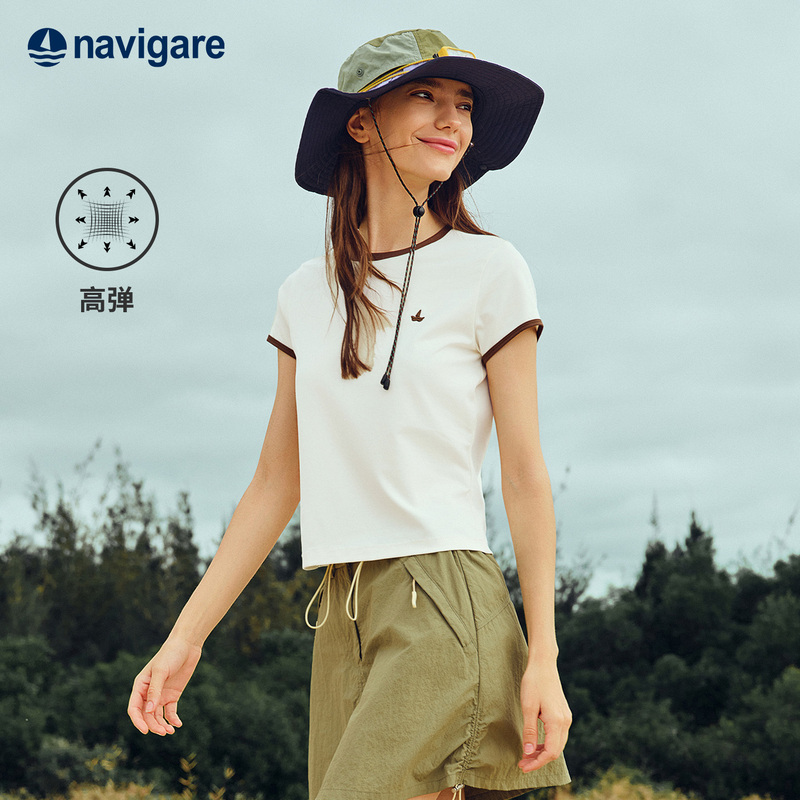 Navigare Italian Small Sailboat 2026 Summer Outdoor High-Elastic Breathable Women's Round Neck Short-Sleeved T-Shirt Top