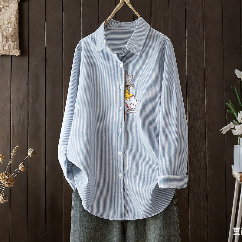 Silkbaisheng Mid-Length Shirt 2026 Spring New Women's Fashion Age-Reducing Cartoon Embroidery Turn-Down Collar Single-Breasted Shirt