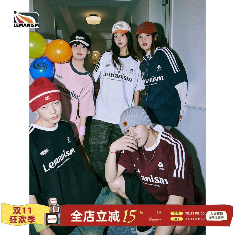 Celebrity-Style Lemanism Summer American Retro T-Shirt Short-Sleeved Men's Raglan Sleeve Three-Stripe Sports T-Shirt
