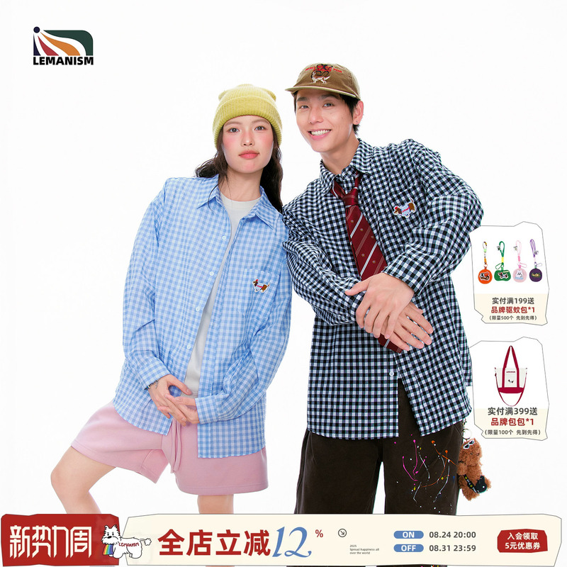 Lemanism Trendy Brand Dachshund Plaid Shirt Men's Long-Sleeved 2026 Spring Couple Style Loose Shirt Women's