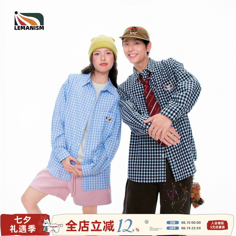 Lemanism Trendy Brand Dachshund Plaid Shirt Men's Long-Sleeved 2026 Spring Couple Style Loose Shirt Women's