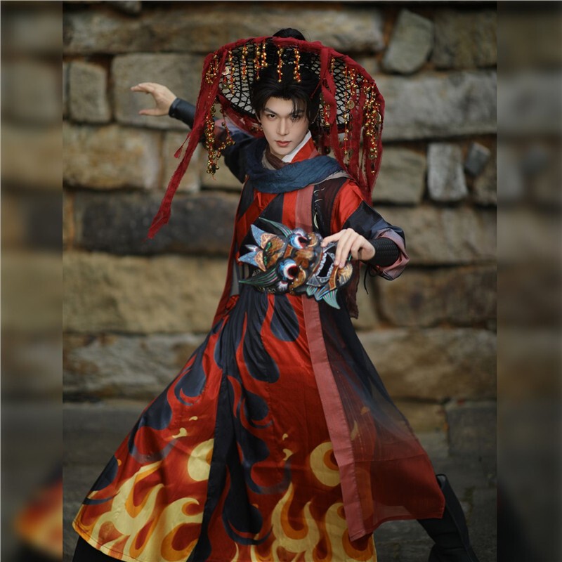 Martial Arts Style Black and Red Cross-Collar Hanfu for Men, Traditional Long-Sleeved Design with Flame Pattern, Han Elements, Youth Martial Arts Costume