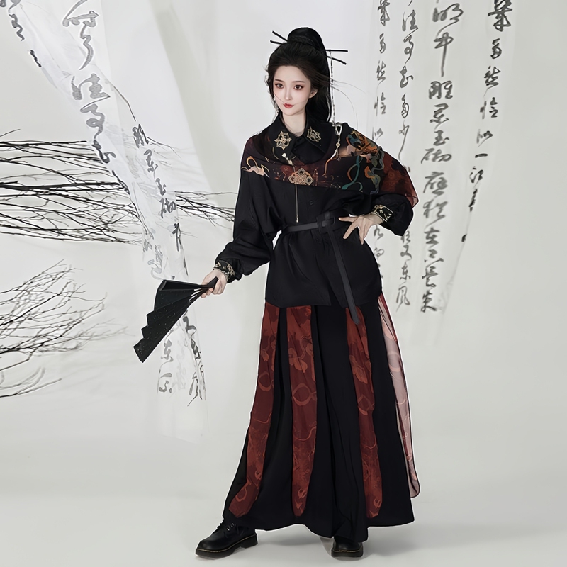 Traditional Chinese Clothing Black and Red New Chinese Style Suit Embroidered Shirt New Chinese Style National Style Unisex Martial Arts Style Shirt Wide-Leg Pants