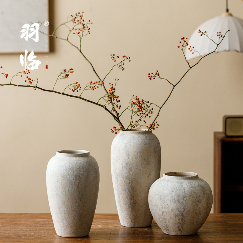 Minimalist Vintage Gray-White Ceramic Vase with Dried Flowers and Withered Branches, Zen-Style Retro Pottery Jar for Living Room and Homestay Entrance Decoration Minimalist Vintage Gray-White Ceramic Vase with Dried Flowers and Withered Branches, Zen-Style Retro Pottery Jar for Living Room and Homestay Entrance Decoration