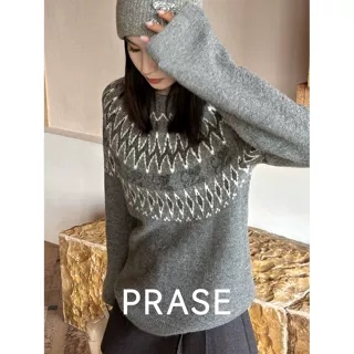 Prase【Norwegian Forest】Alpaca Wool Slim-Fit Artistic Fair Isle Sweater for Women, Autumn and Winter Round-Neck Raglan Top