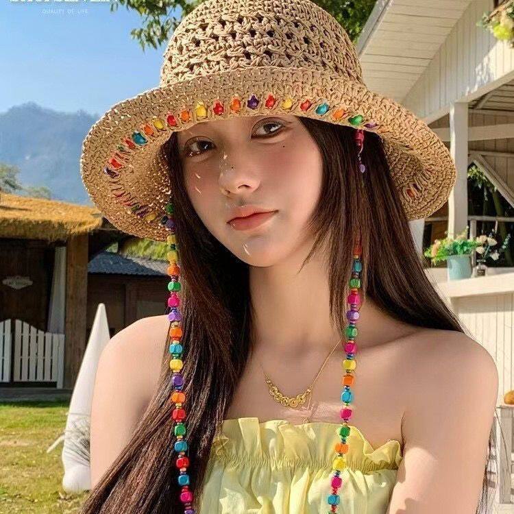泫雅风大帽檐遮阳防晒帽可折叠渔夫帽子潮彩色木珠草帽女夏季镂空
