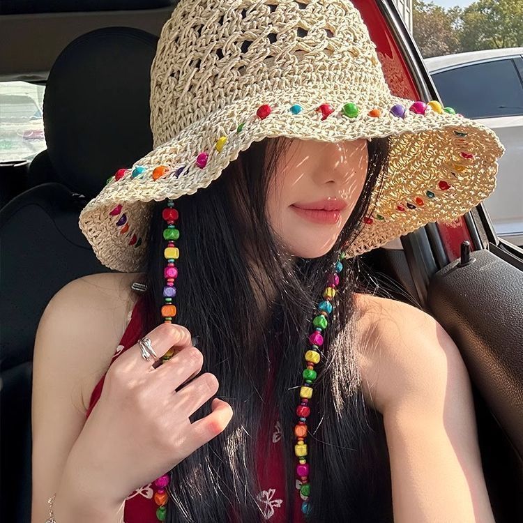 泫雅风大帽檐遮阳防晒帽可折叠渔夫帽子潮彩色木珠草帽女夏季镂空