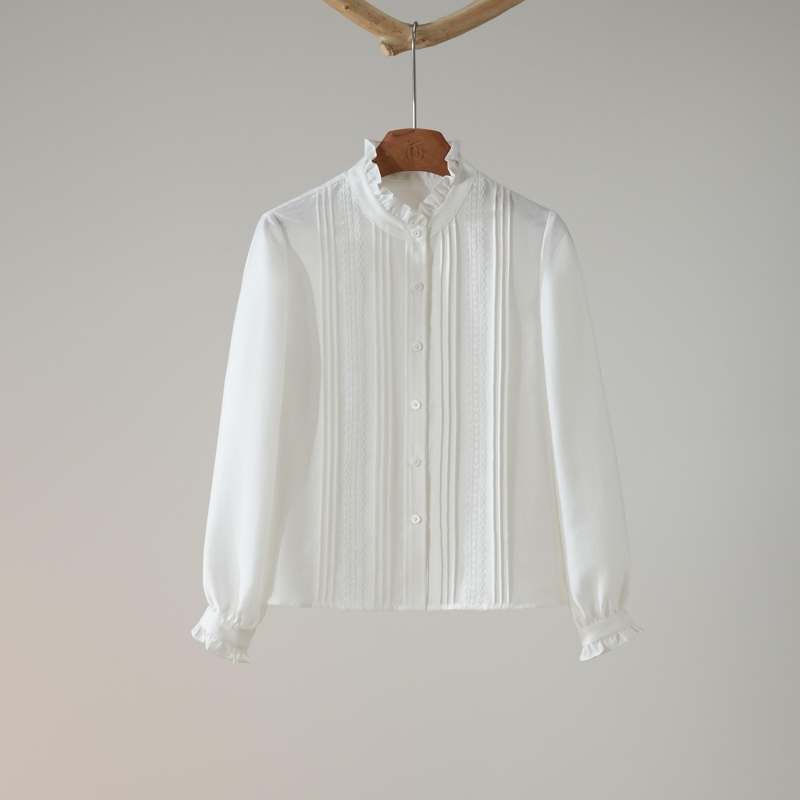 Xizi/[Morning Dew in the Wind] Cotton Lycra French Elegant Versatile Ruffled Pleated Shirt for Women/Cshy0100