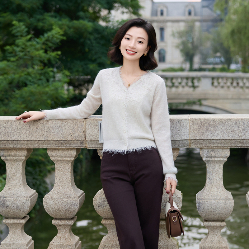 Xizi/[Sena Evening Breeze] Sheep Wool and Mohair Blend Lace Patchwork Knit Top/Hy0537