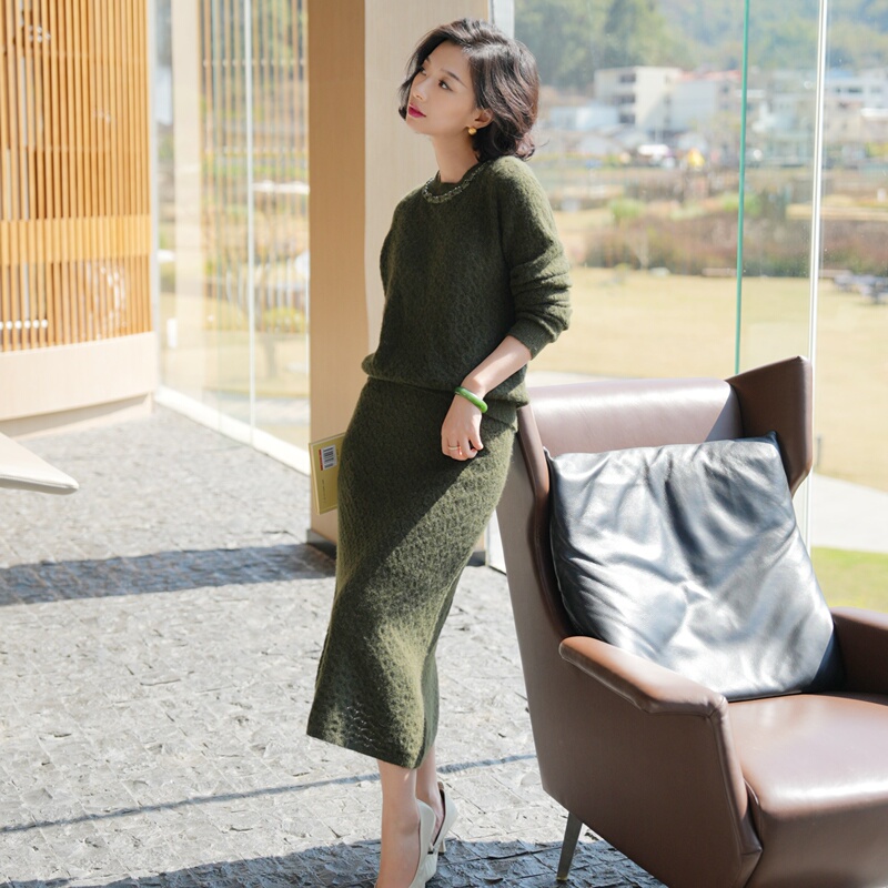 Xizi/[Twilight City] Alpaca Wool Sheep Wool Green Top and Skirt Knitted Set for Women/Msyf0569
