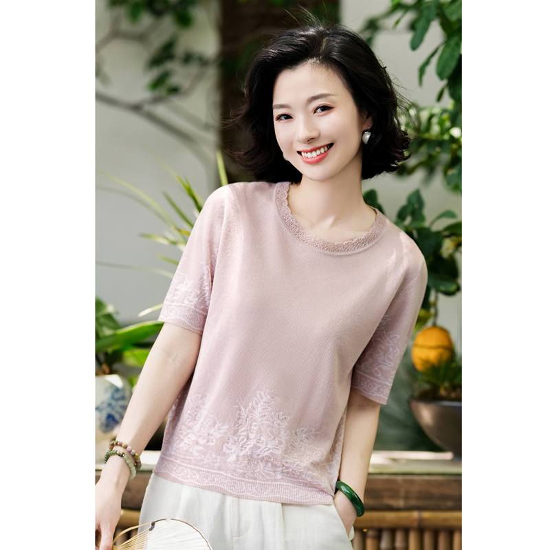 Xizi/[Secret Rose] Lyocell Tencel Round Neck All-Over Embroidery Slimming Knit Sweater/Msbh1566