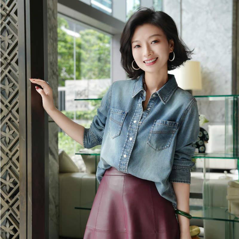 Xizi/[Denim Is Busy] Lyocell Rayon Washed Blue Early Autumn Regular Shoulder Denim Long-Sleeve Shirt/Yf0969