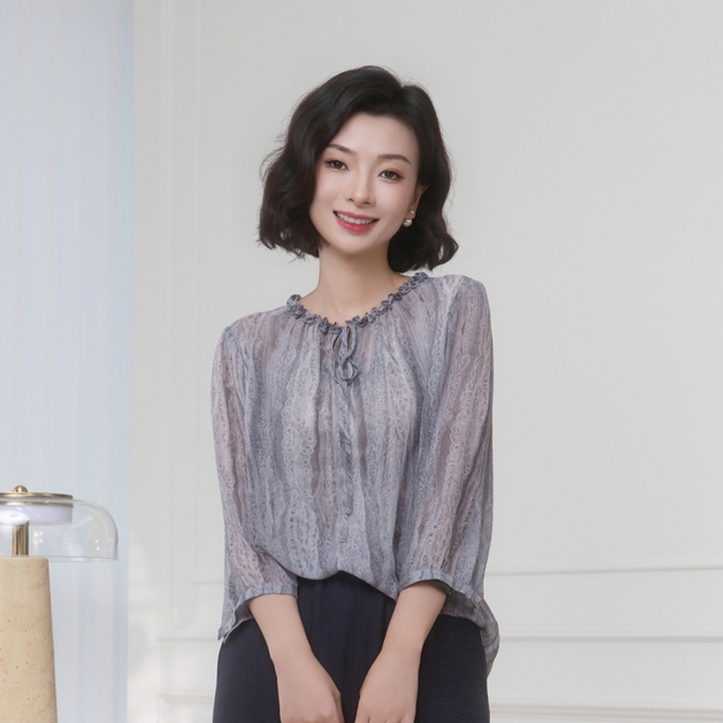 Xizi/[Selena] Mulberry Silk Georgette Lace Print Ruffled V-Neck Thin Shirt/Syxs0747