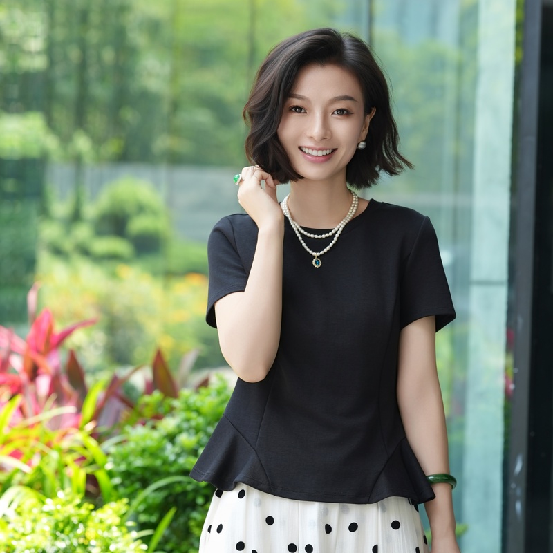 Xizi/[High-End t] Lyocell Cotton Slim-Fit Tailored Waist-Cinching Ruffle Hem Commuter Short-Sleeve T-Shirt/Sytj1258