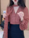 Retro-Style Plaid V-Neck Bow Tie Long-Sleeve Shirt for Women, Lantern Sleeves, Loose Fit, Slimming, High-End Feel Top