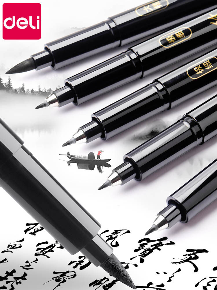 Deli Calligraphy Pen with Soft Nib for Practicing Calligraphy, Refillable Ink Pen for Adults, Suitable for Medium and Large Characters, Ultra-Fine Signature Pen, Fountain Pen-Style Brush Pen with Built-In Nib