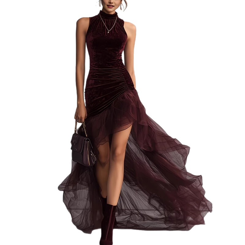 European and American Cross-Border Velvet High-Neck Sleeveless Evening Dress, Pleated Slim-Fit Irregular Hem Sheer Gown with a Train European and American Cross-Border Velvet High-Neck Sleeveless Evening Dress, Pleated Slim-Fit Irregular Hem Sheer Gown with a Train