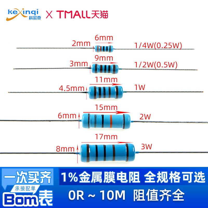 金属皮膜カラーコード抵抗器：1/4W、1/2W、1W、2W、3W、5W、1/2/10/100/47/33/2.2オームピン。