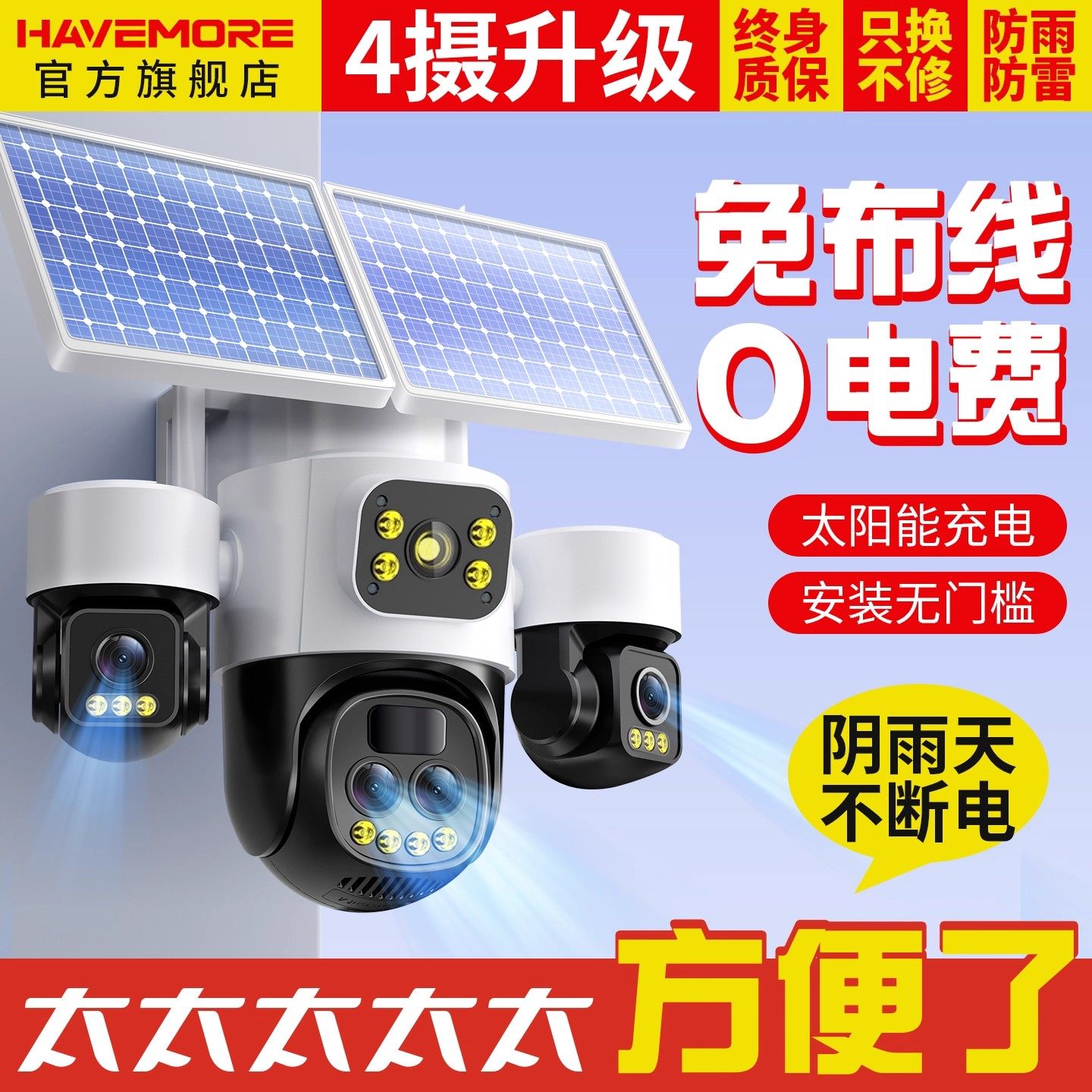 Haiweiman Solar-Powered Surveillance Camera, Outdoor, No Electricity or Internet Required, 360-Degree Panoramic View, No Blind Spots, No Data Charges