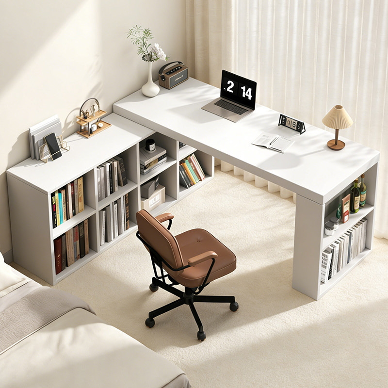 Cream-Colored Corner Desk with Integrated Bookshelf, Suitable for Bedroom, Home Study, and Office Use, White Corner Computer Desk Cream-Colored Corner Desk with Integrated Bookshelf, Suitable for Bedroom, Home Study, and Office Use, White Corner Computer Desk
