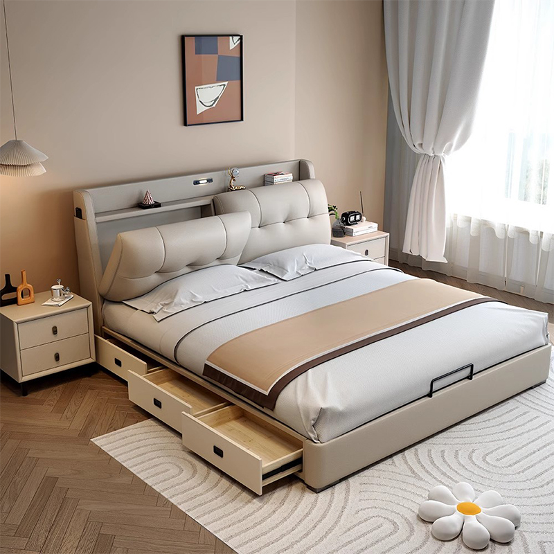 Multifunctional Bed Modern Simple with Drawer Storage Home Master Bedroom 1.8m Double Bed Genuine Leather Soft Package Wedding Bed Multifunctional Bed Modern Simple with Drawer Storage Home Master Bedroom 1.8m Double Bed Genuine Leather Soft Package Wedding Bed