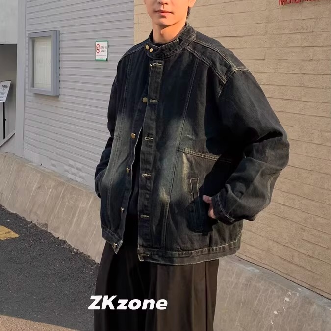 Zkzone Spring New Japanese Style Retro Stand-Up Collar Washed Denim Jacket Single-Breasted Casual Jacket