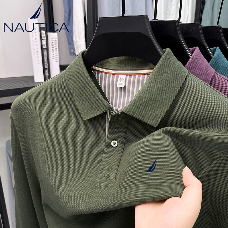 Nautica/Nautica Genuine Autumn and Winter 100% Pure Cotton Long-Sleeved T-Shirt Men's Casual Lapel Polo Shirt for Men