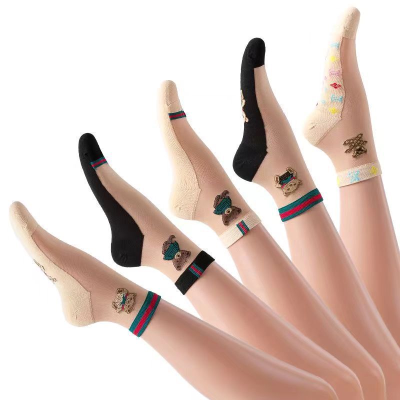 Socks for Women, Spring and Autumn Mid-Calf Socks, Summer Thin Breathable Cotton-Soled Crystal Glass Ice Silk Socks