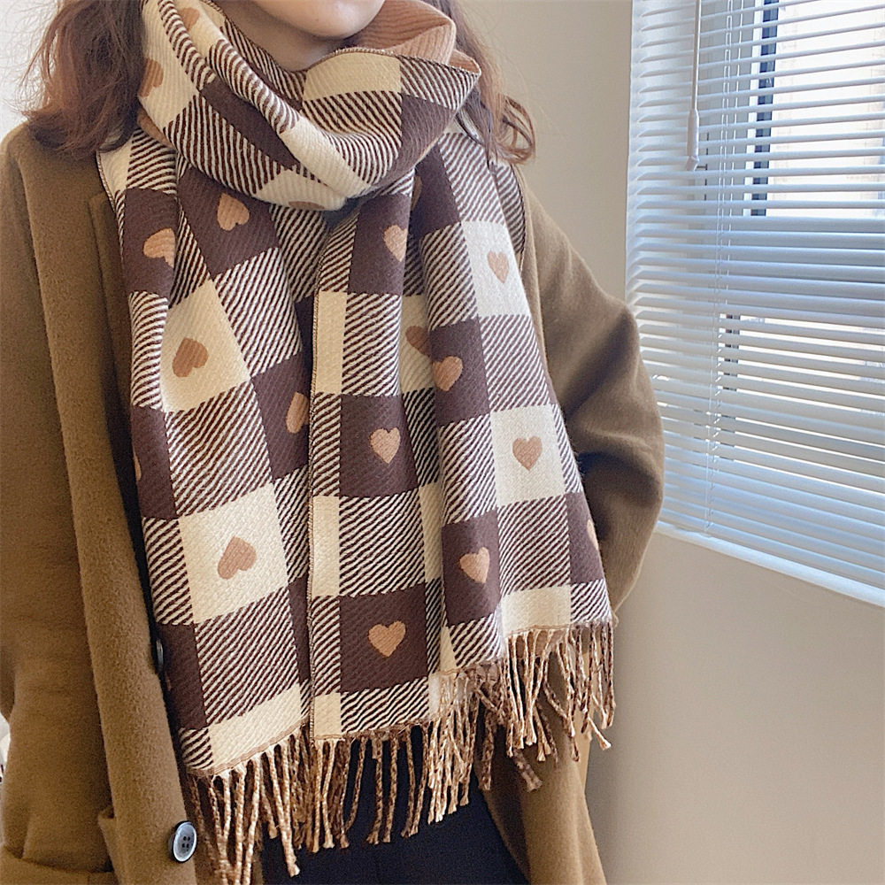 2025 Winter New Style Faux Cashmere Scarf for Women, Heart Pattern, Thickened Tassel Neck Warmer, Korean Style, Fashionable and Versatile Shawl