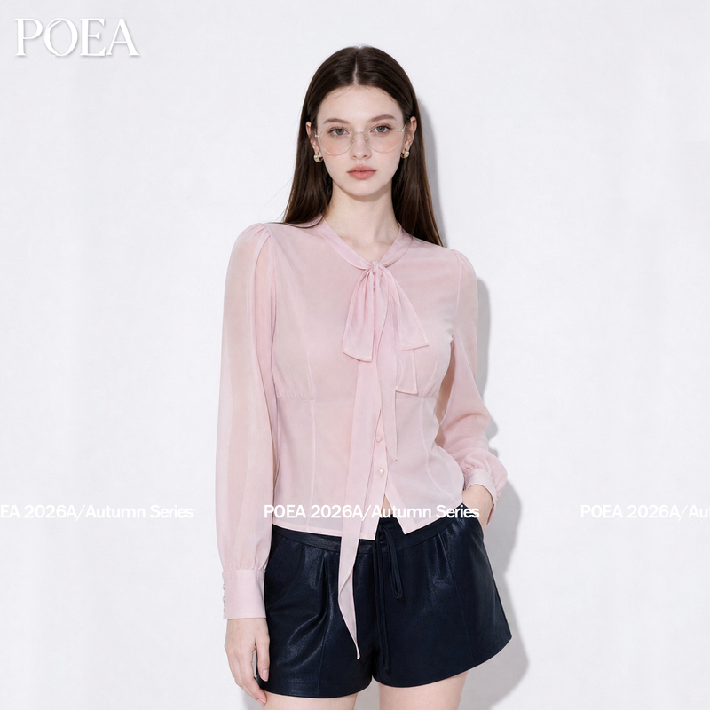 Poea【Heart Brownie】French-Style Gentle Wind Stand-Up Collar Ribbon Puff Sleeve Shirt for Women 2026 New Autumn Model Poea【Heart Brownie】French-Style Gentle Wind Stand-Up Collar Ribbon Puff Sleeve Shirt for Women 2026 New Autumn Model