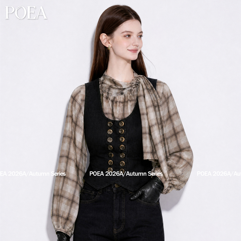 Poea Laurel Tree Vintage French Napoleon Style Printed Plaid Ribbon Sleeveless Vest Top for Women