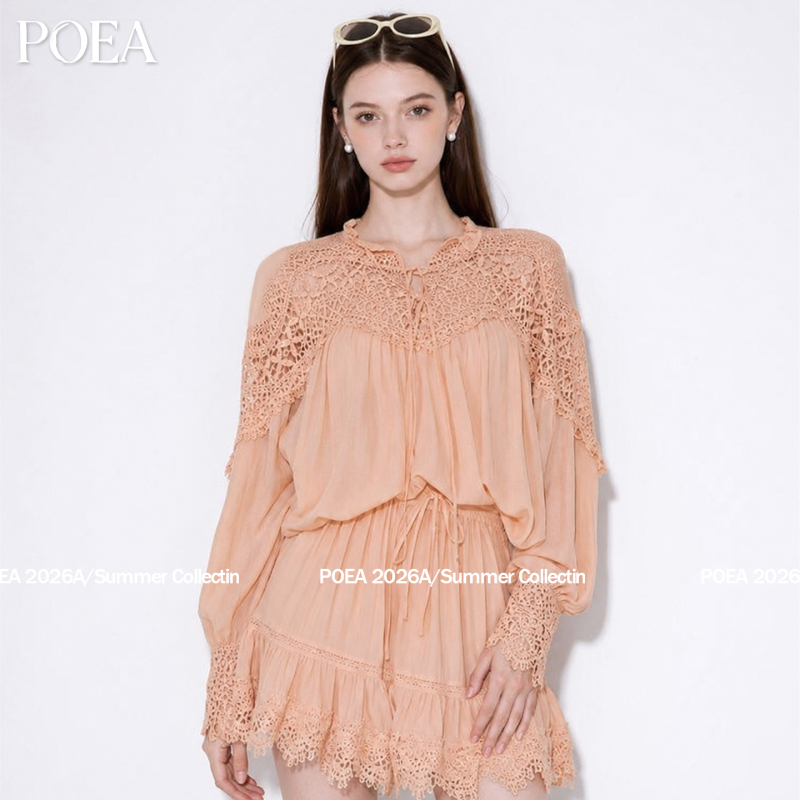 Poea Icarus Hollow Lace Ruffled Tie Lantern Long Sleeve Blouse Women's 2026 Summer Poea Icarus Hollow Lace Ruffled Tie Lantern Long Sleeve Blouse Women's 2026 Summer